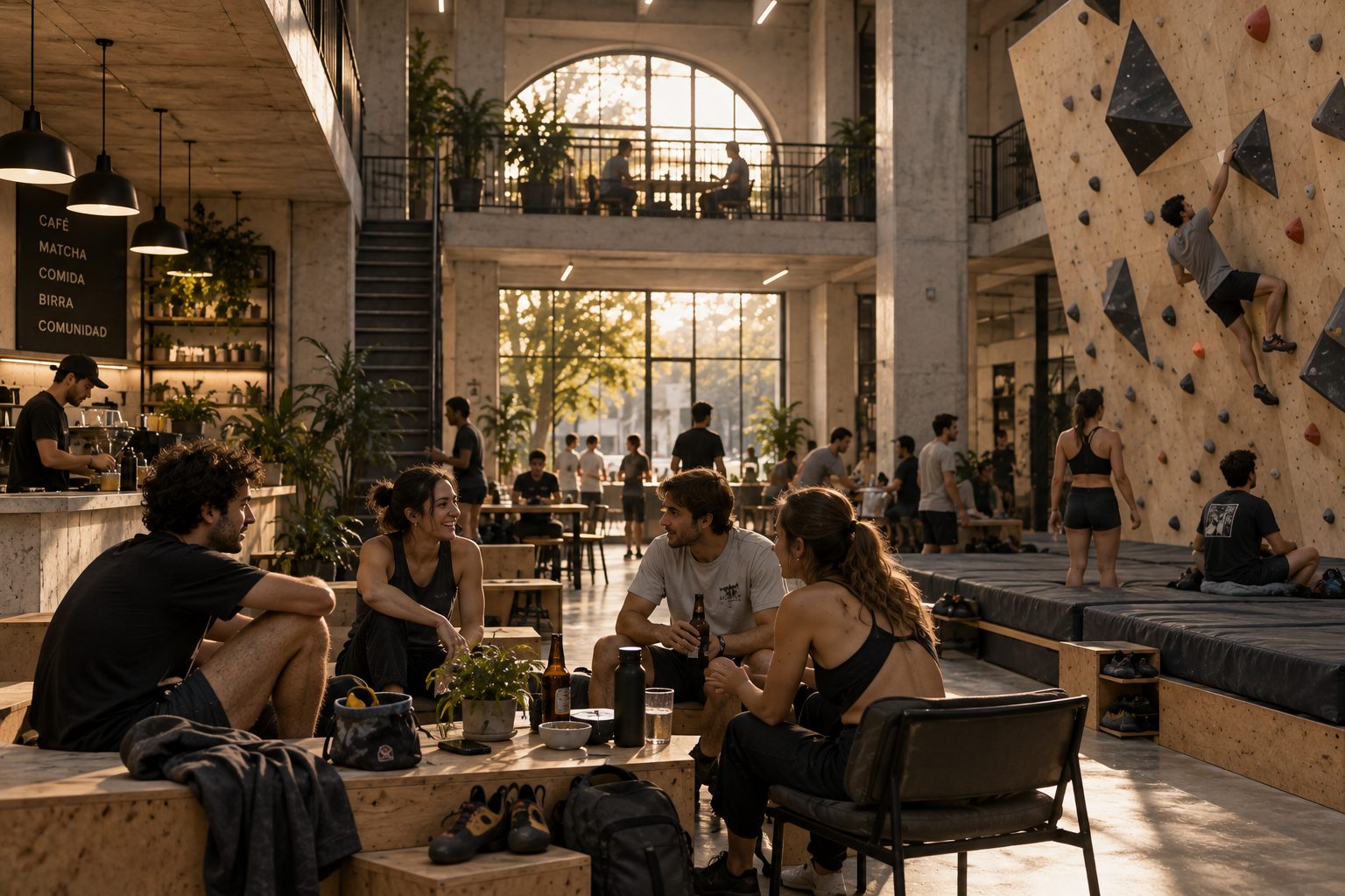 Render de La Base: un grupo conversa con cervezas y zapatillas de escalada al pie del muro, mientras otros escalan, toman café en la barra o trabajan en el entrepiso.