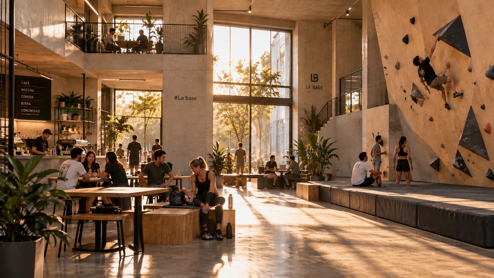 Render de La Base: un galpón de doble altura con luz de tarde, el muro de boulder a la derecha, mesas y barra de café a la izquierda y gente trabajando en el entrepiso.